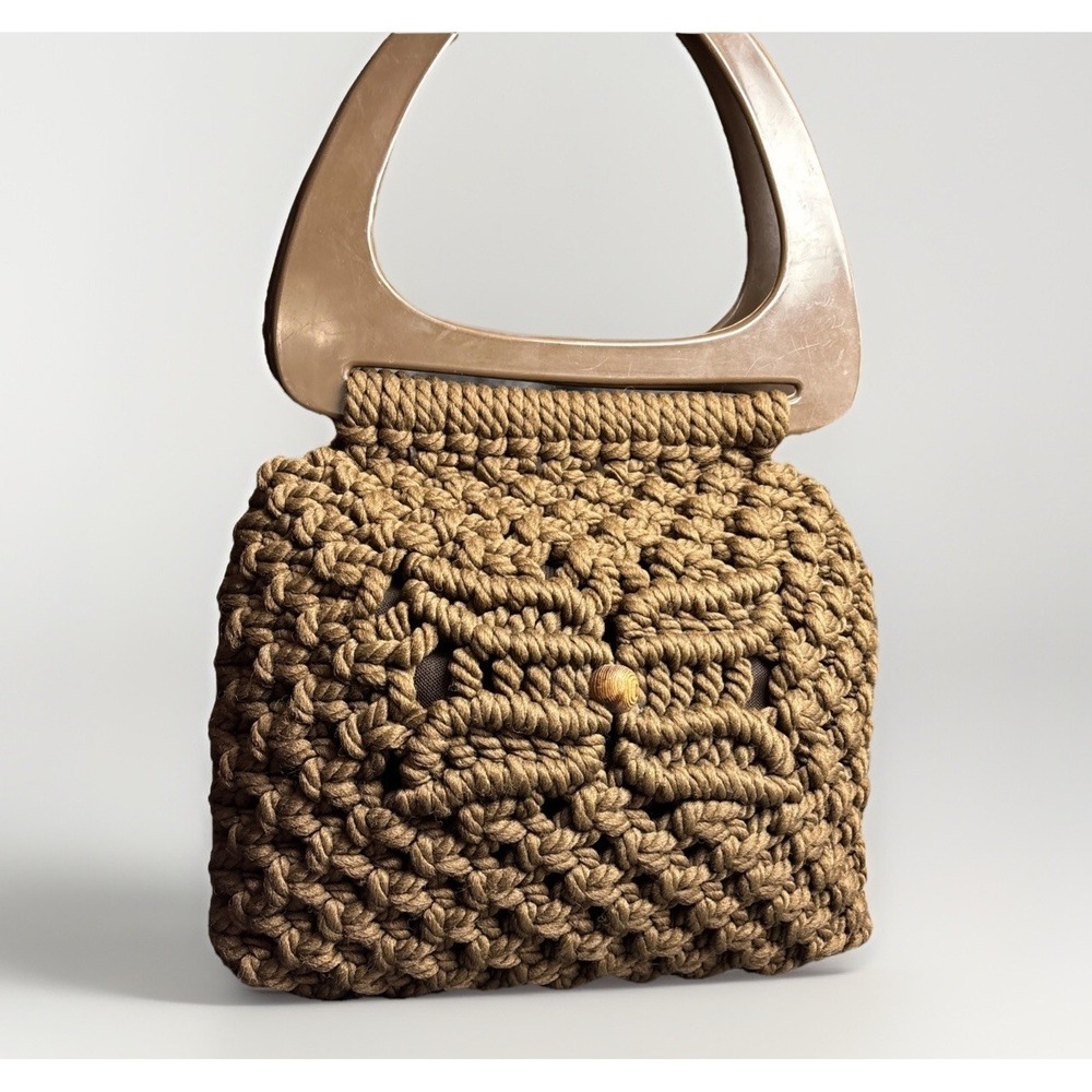 Vintage Macrame Woven Purse Brown Oversized Handles 60s 70s Retro Hippie Boho - Picture 2 of 16